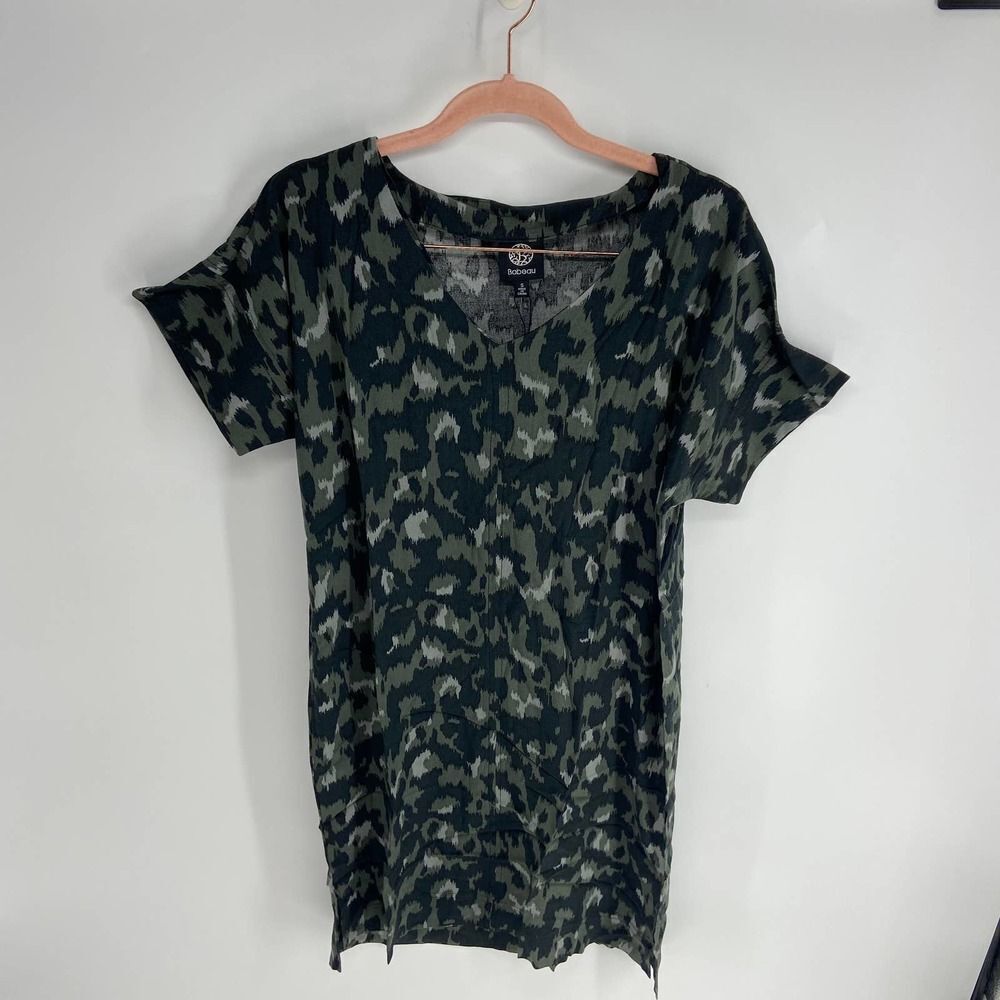 Bobeau green black splotched v neck shift short sleeve dress NWT women small